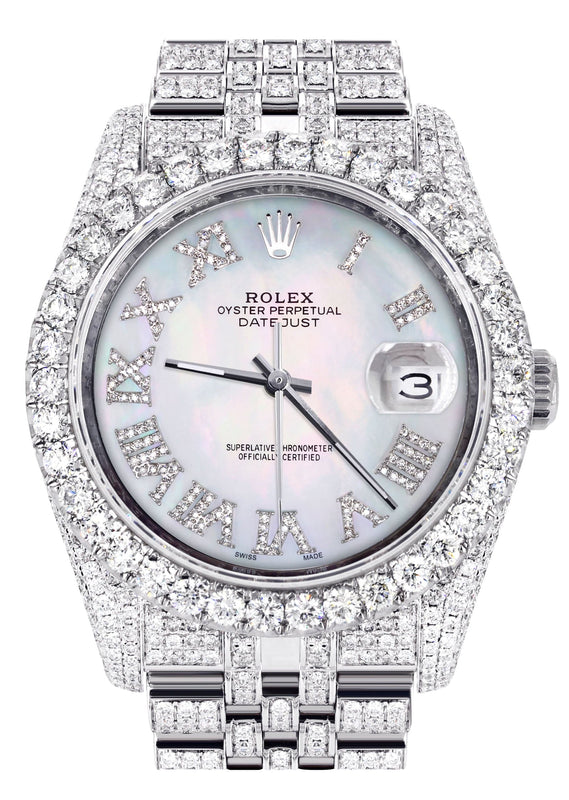 Iced Out Rolex Datejust 36 MM | Stainless Steel | 16.5 Carats of Diamonds | Mother of Pearl Roman Diamond Dial | Jubilee Band | Model 116200