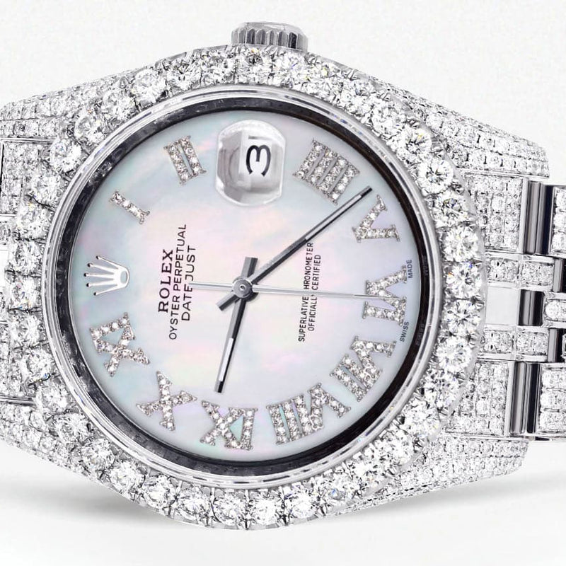 Iced Out Rolex Datejust 36 MM | Stainless Steel | 16.5 Carats of Diamonds | Mother of Pearl Roman Diamond Dial | Jubilee Band | Model 116200