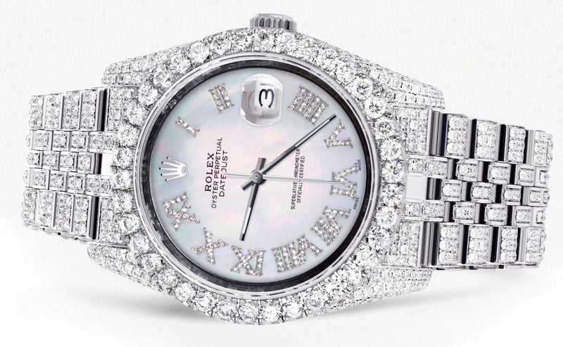 Iced Out Rolex Datejust 36 MM | Stainless Steel | 16.5 Carats of Diamonds | Mother of Pearl Roman Diamond Dial | Jubilee Band | Model 116200