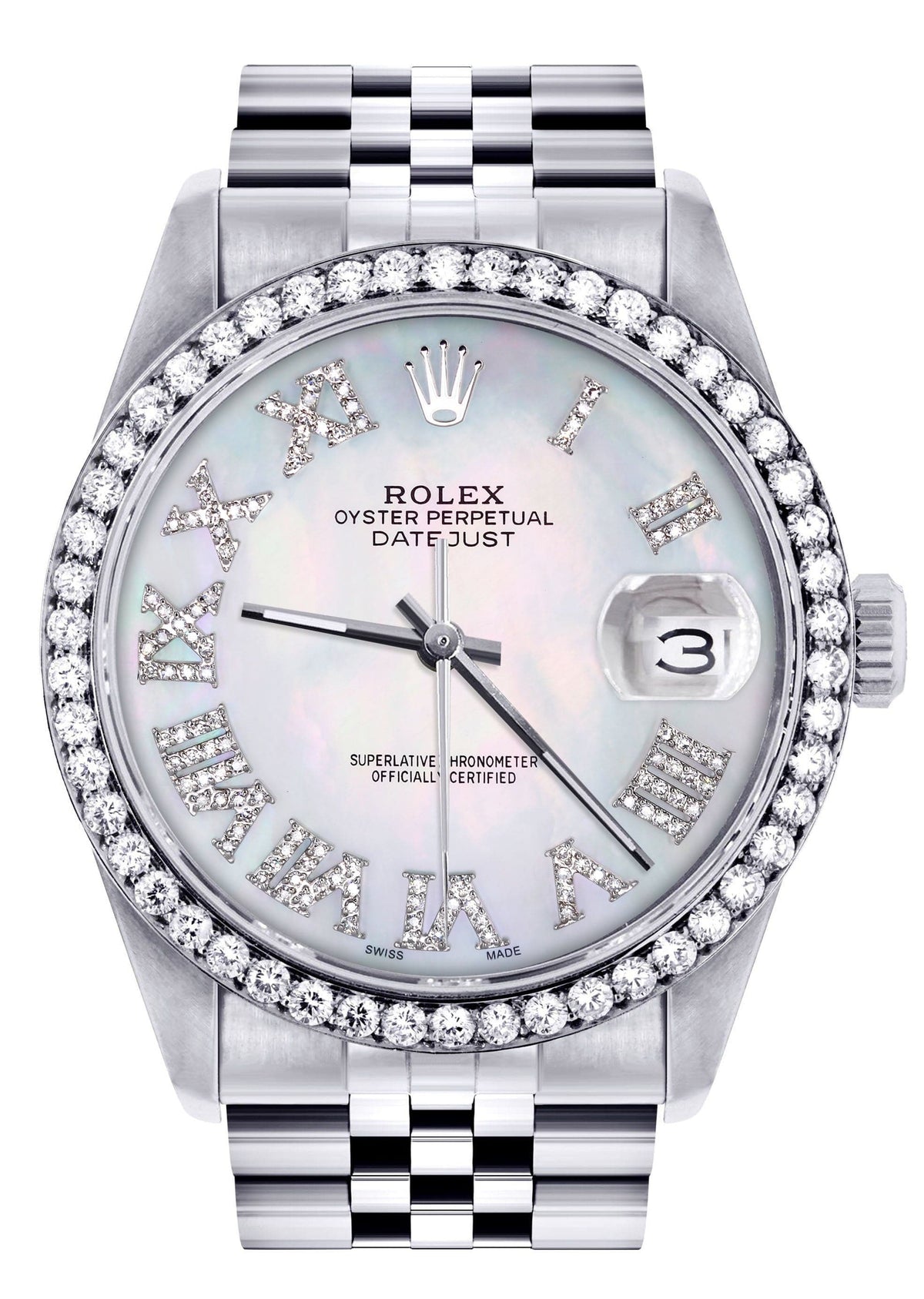 Diamond Mens Rolex Datejust Watch 16200 | 36Mm | Light Blue Mother Of Pearl Roman Numeral Dial | Jubilee Band