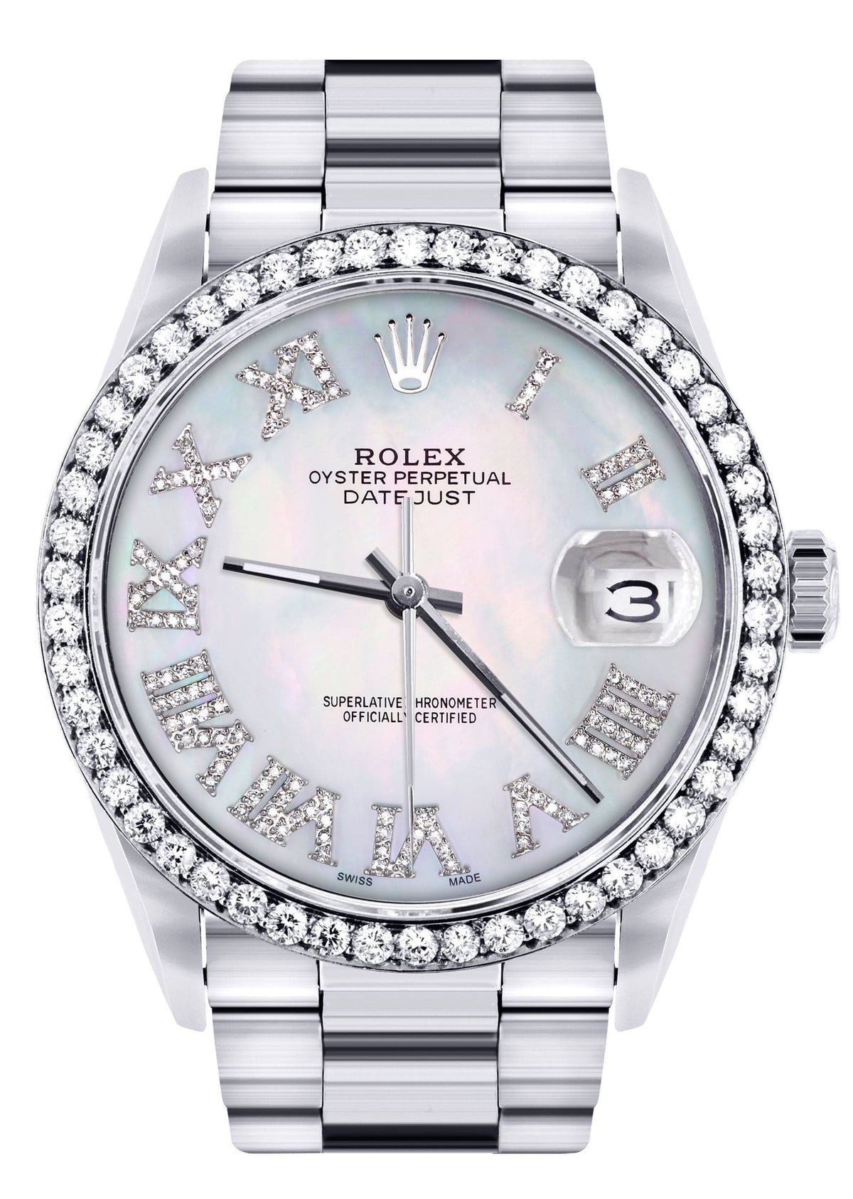 Diamond Mens Rolex Datejust Watch 16200 | 36Mm | Light Blue Mother Of Pearl Roman Numeral Dial | Oyster Band
