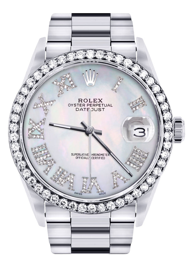 Diamond Mens Rolex Datejust Watch 16200 | 36Mm | Light Blue Mother Of Pearl Roman Numeral Dial | Oyster Band