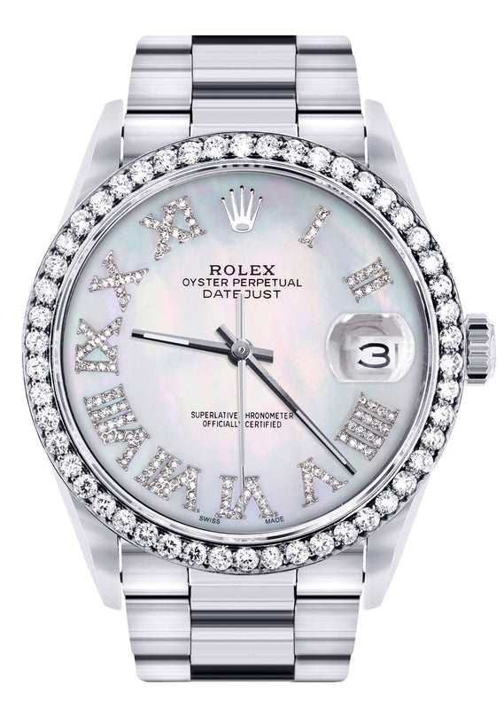 Diamond Mens Rolex Datejust Watch 16200 | 36Mm | Light Blue Mother Of Pearl Roman Numeral Dial | Oyster Band
