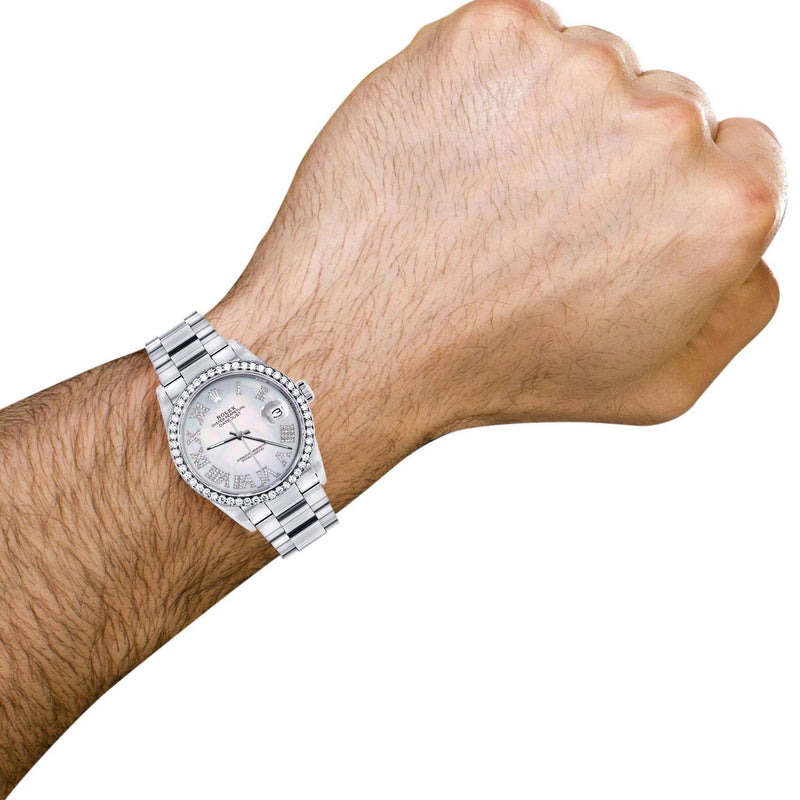 Diamond Mens Rolex Datejust Watch 16200 | 36Mm | Light Blue Mother Of Pearl Roman Numeral Dial | Oyster Band