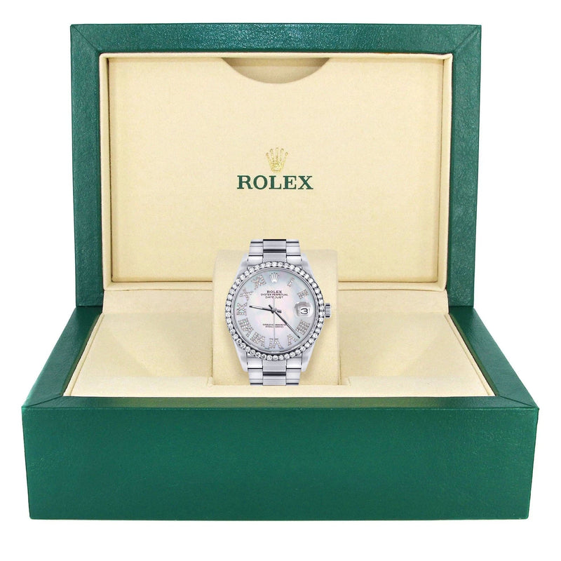 Diamond Mens Rolex Datejust Watch 16200 | 36Mm | Light Blue Mother Of Pearl Roman Numeral Dial | Oyster Band