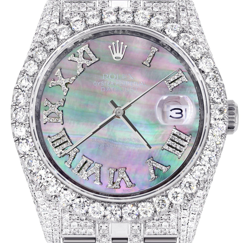 Iced Out Rolex Datejust 36 MM | Stainless Steel | 16.5 Carats of Diamonds | Mother of Pearl Roman Diamond Dial | Jubilee Band | Model 116200