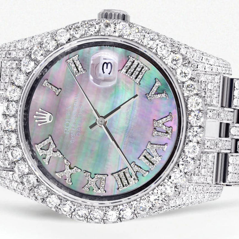 Iced Out Rolex Datejust 36 MM | Stainless Steel | 16.5 Carats of Diamonds | Mother of Pearl Roman Diamond Dial | Jubilee Band | Model 116200