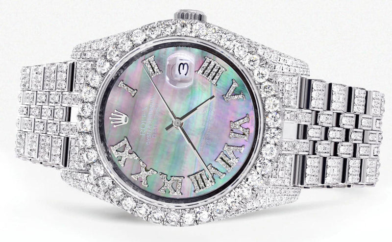 Iced Out Rolex Datejust 36 MM | Stainless Steel | 16.5 Carats of Diamonds | Mother of Pearl Roman Diamond Dial | Jubilee Band | Model 116200