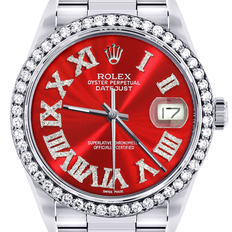 Diamond Mens  Rolex Datejust Watch 16200 | 36Mm | Red Roman Numeral Dial | Oyster Band
