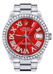 Diamond Mens  Rolex Datejust Watch 16200 | 36Mm | Red Roman Numeral Dial | Oyster Band