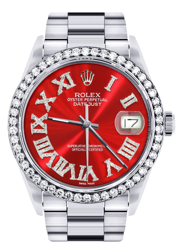 Diamond Mens  Rolex Datejust Watch 16200 | 36Mm | Red Roman Numeral Dial | Oyster Band