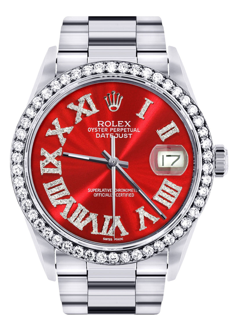 Diamond Mens  Rolex Datejust Watch 16200 | 36Mm | Red Roman Numeral Dial | Oyster Band