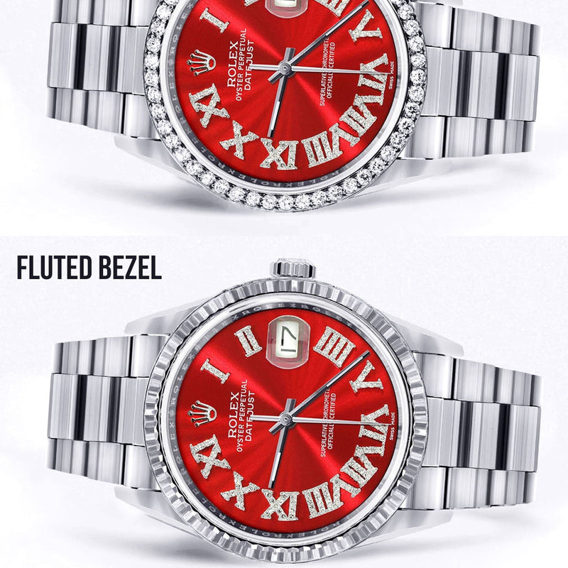Diamond Mens  Rolex Datejust Watch 16200 | 36Mm | Red Roman Numeral Dial | Oyster Band