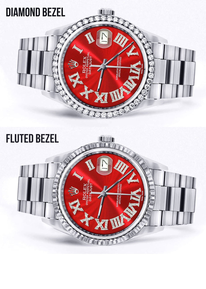 Diamond Mens  Rolex Datejust Watch 16200 | 36Mm | Red Roman Numeral Dial | Oyster Band