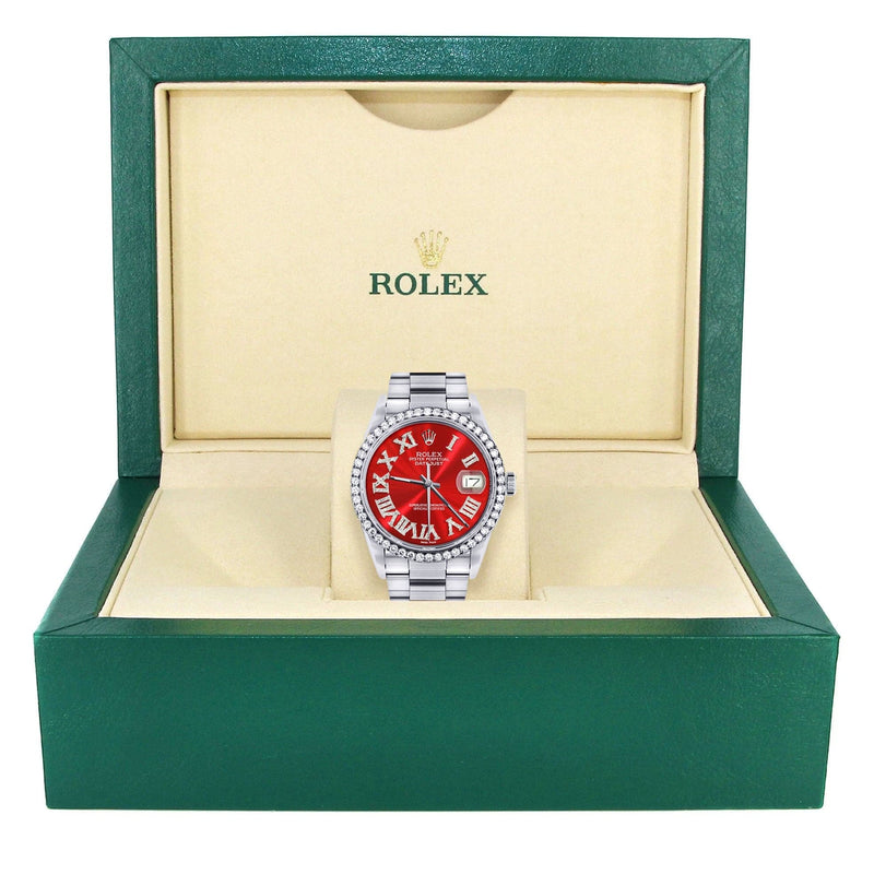 Diamond Mens  Rolex Datejust Watch 16200 | 36Mm | Red Roman Numeral Dial | Oyster Band