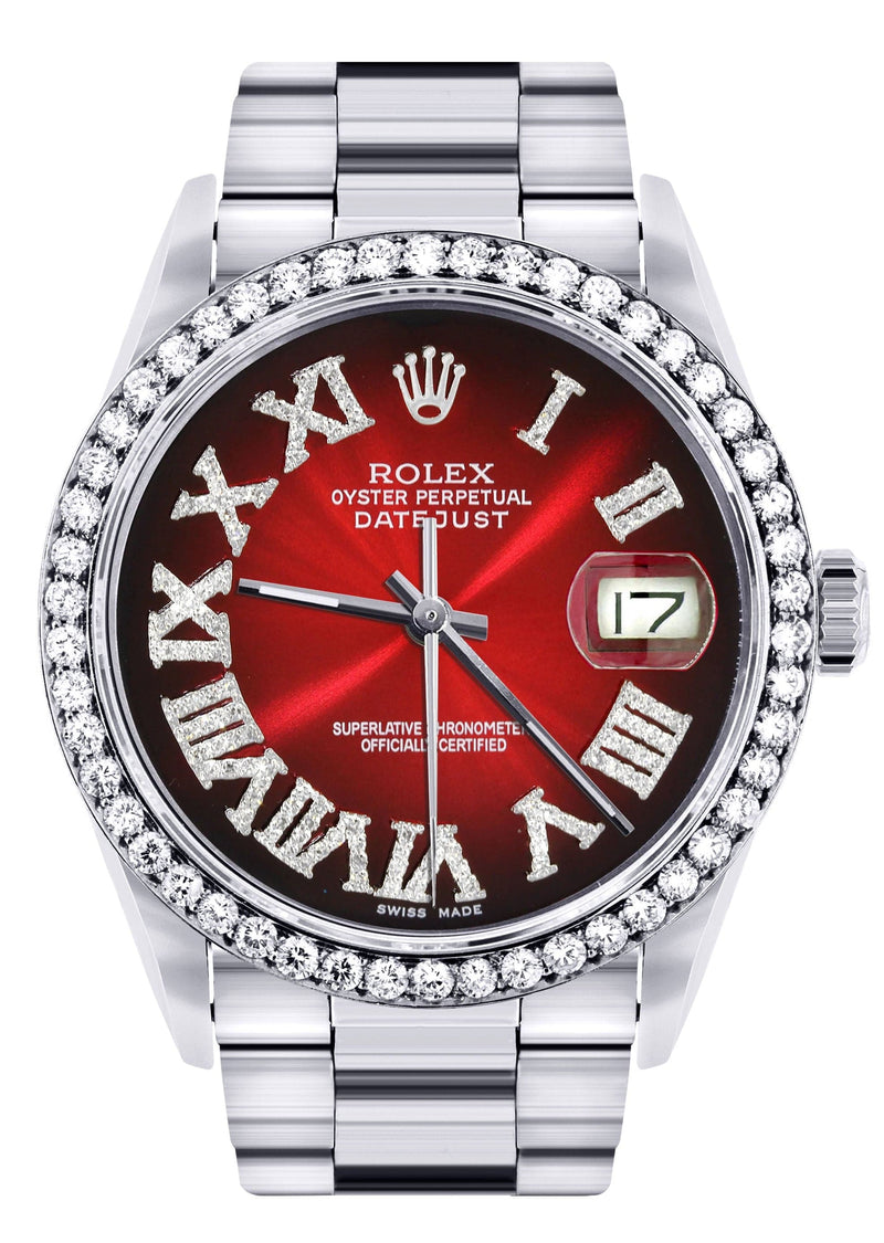 Diamond Mens Rolex Datejust Watch 16200 | 36Mm | Red Black Roman Numeral Dial | Oyster Band
