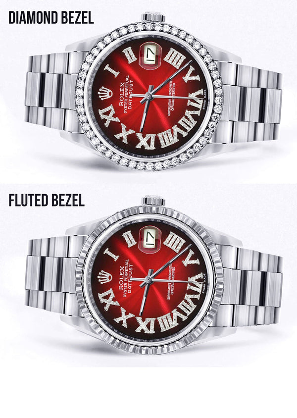 Diamond Mens Rolex Datejust Watch 16200 | 36Mm | Red Black Roman Numeral Dial | Oyster Band