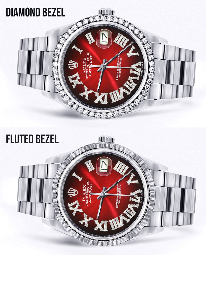 Diamond Mens Rolex Datejust Watch 16200 | 36Mm | Red Black Roman Numeral Dial | Oyster Band