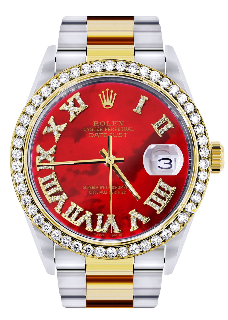 Gold & Steel Rolex Datejust Watch 16233 for Men  | 36Mm | Diamond Red Roman Dial | Oyster Band