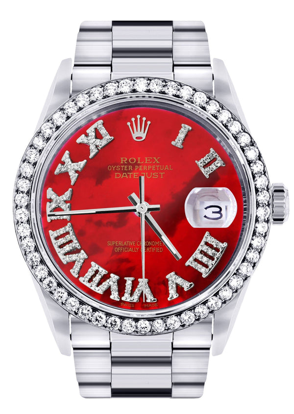 Diamond Mens Rolex Datejust Watch 16200 | 36Mm | Diamond Red Mother Of Pearl Roman Numeral Dial | Oyster Band