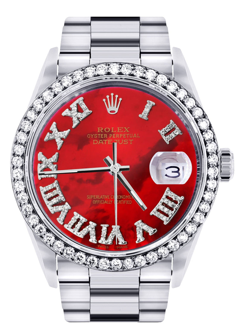 Diamond Mens Rolex Datejust Watch 16200 | 36Mm | Diamond Red Mother Of Pearl Roman Numeral Dial | Oyster Band