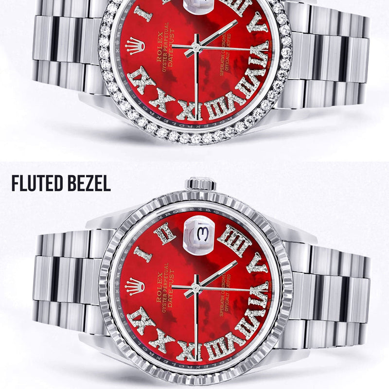 Diamond Mens Rolex Datejust Watch 16200 | 36Mm | Diamond Red Mother Of Pearl Roman Numeral Dial | Oyster Band