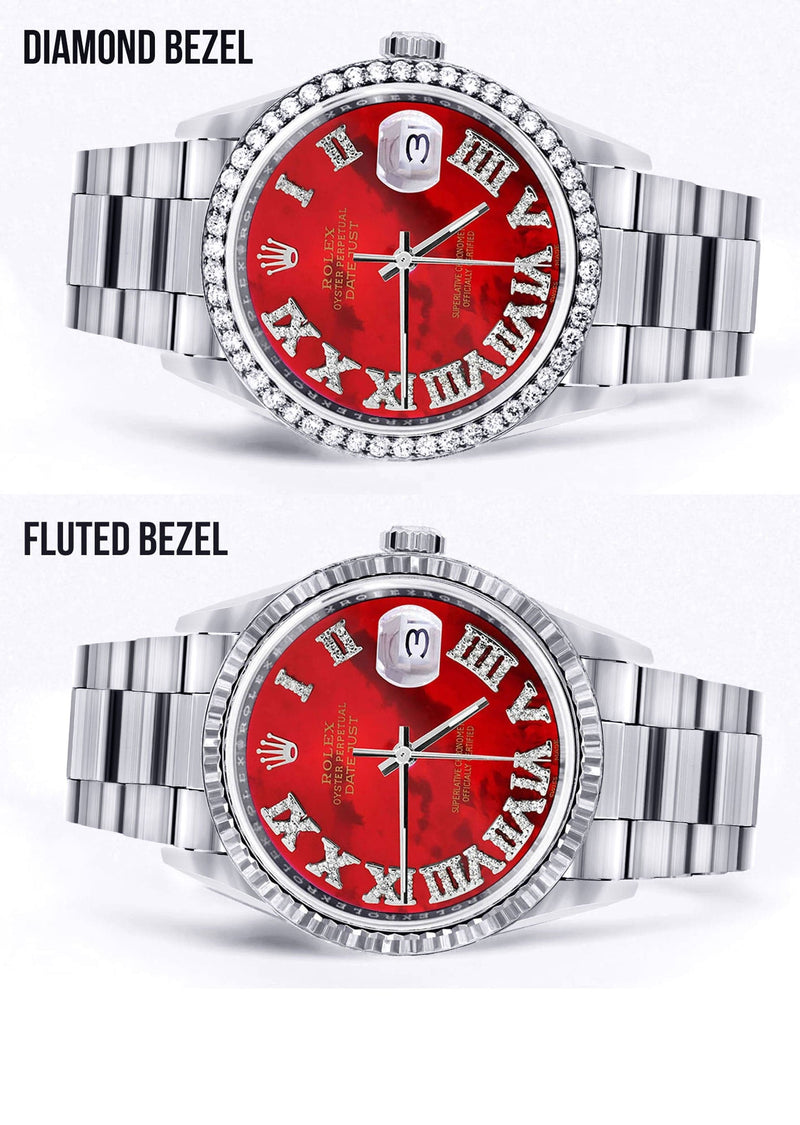 Diamond Mens Rolex Datejust Watch 16200 | 36Mm | Diamond Red Mother Of Pearl Roman Numeral Dial | Oyster Band