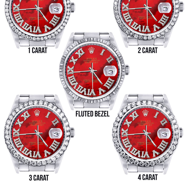 Diamond Mens Rolex Datejust Watch 16200 | 36Mm | Diamond Red Mother Of Pearl Roman Numeral Dial | Oyster Band