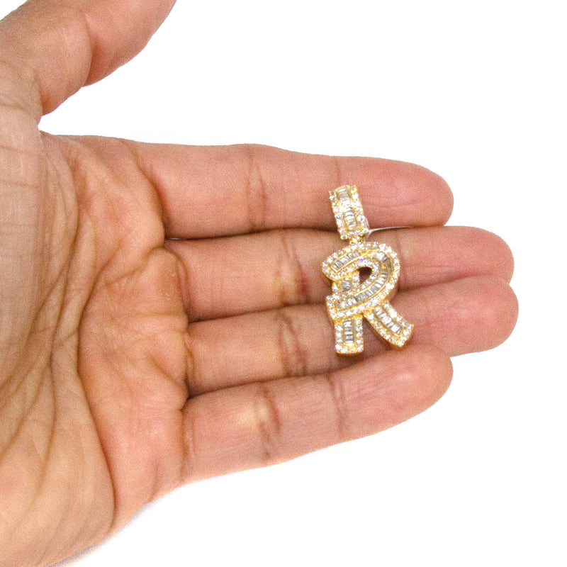 14K Yellow Gold Letter "R" Baguette Diamond Necklace | 2.01 Carats