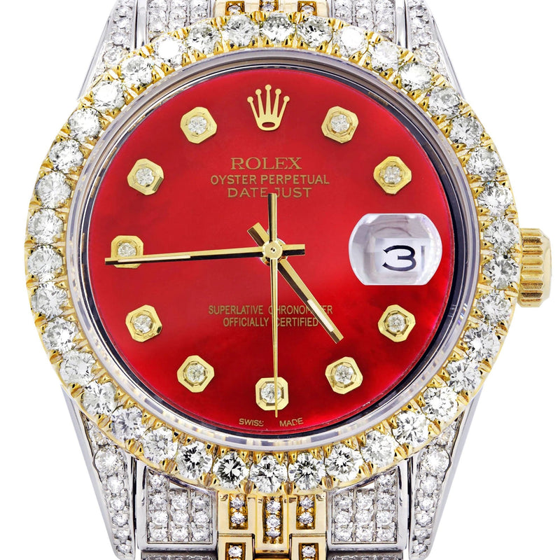 Iced Out Rolex Datejust 36 MM | Two Tone | 10 Carats of Diamonds | Red Diamond Dial