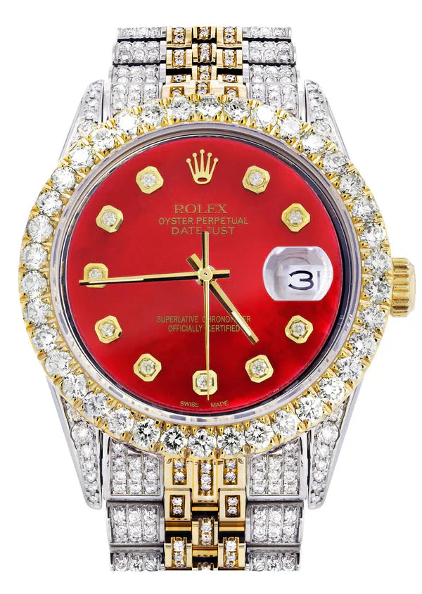 Iced Out Rolex Datejust | 36MM | Red Diamond Dial | Two Tone | Diamond Jubilee Band | 10 Carats of Diamonds