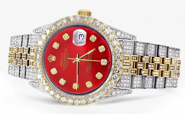 Iced Out Rolex Datejust | 36MM | Red Diamond Dial | Two Tone | Diamond Jubilee Band | 10 Carats of Diamonds