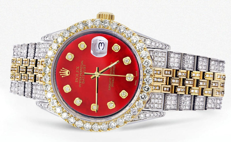 Iced Out Rolex Datejust 36 MM | Two Tone | 10 Carats of Diamonds | Red Diamond Dial