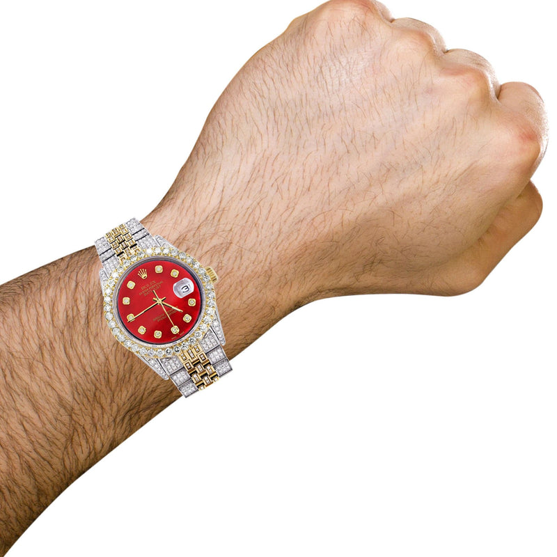 Iced Out Rolex Datejust 36 MM | Two Tone | 10 Carats of Diamonds | Red Diamond Dial