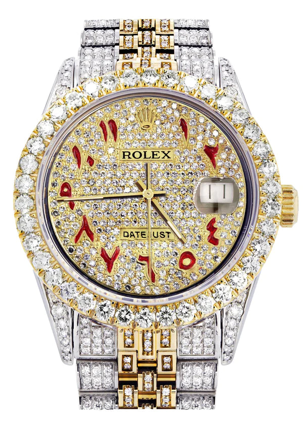 Iced Out Rolex Datejust | 36MM | Full Diamond Red Arabic Dial | Two Tone | Diamond Jubilee Band | 10 Carats of Diamonds