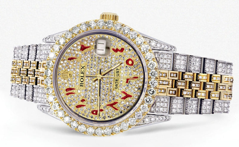 Iced Out Rolex Datejust 36 MM | Two Tone | 10 Carats of Diamonds | Full Diamond Red Arabic Dial