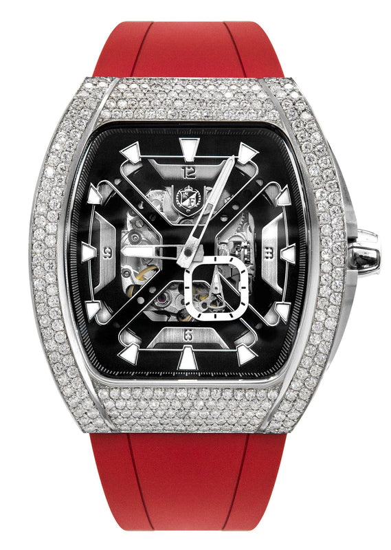 Frost NYC Mens Watch - Automatic Skeleton Stainless Steel Sport Diamond Watch | FRST-01-XS-D | Red