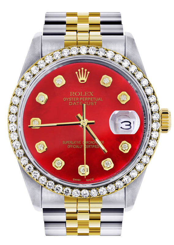 Gold & Steel Rolex Datejust Watch 16233 for Women | 36Mm | Diamond Red Mother Of Pearl Dial | Jubilee Band