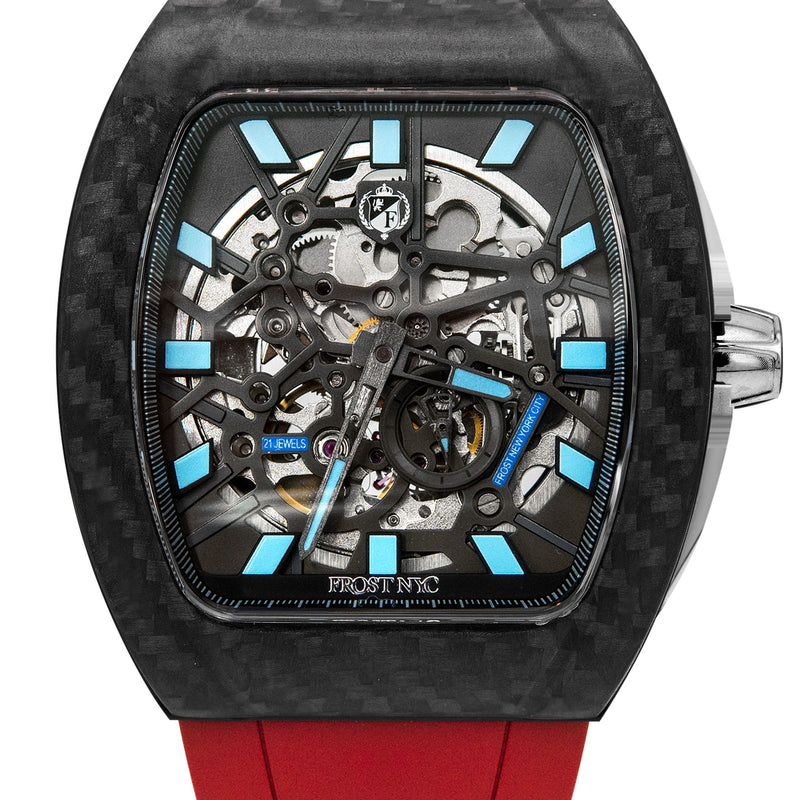 Frost NYC Mens Watch - Automatic Skeleton Carbon Fiber Sport Watch | FRST-01-CFS | Red