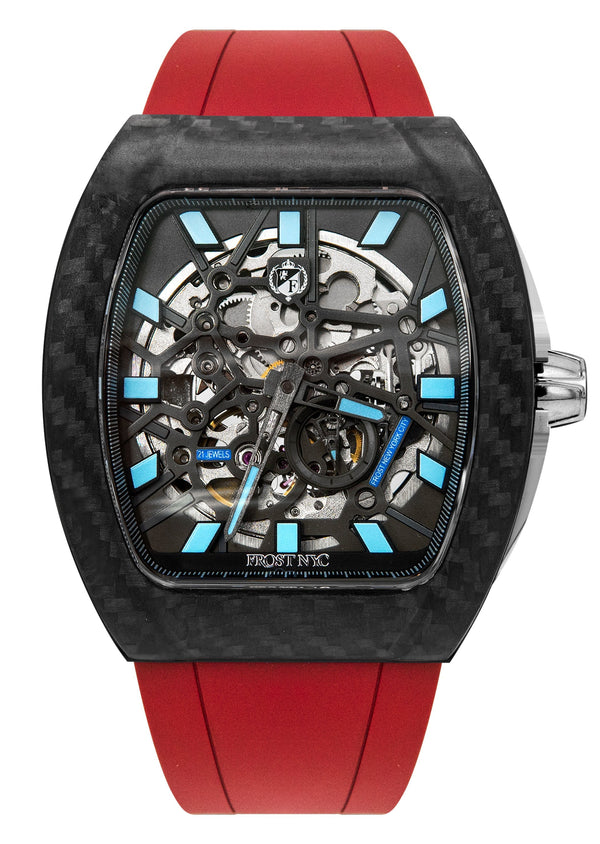 Frost NYC Mens Watch - Automatic Skeleton Carbon Fiber Sport Watch | FRST-01-CFS | Red