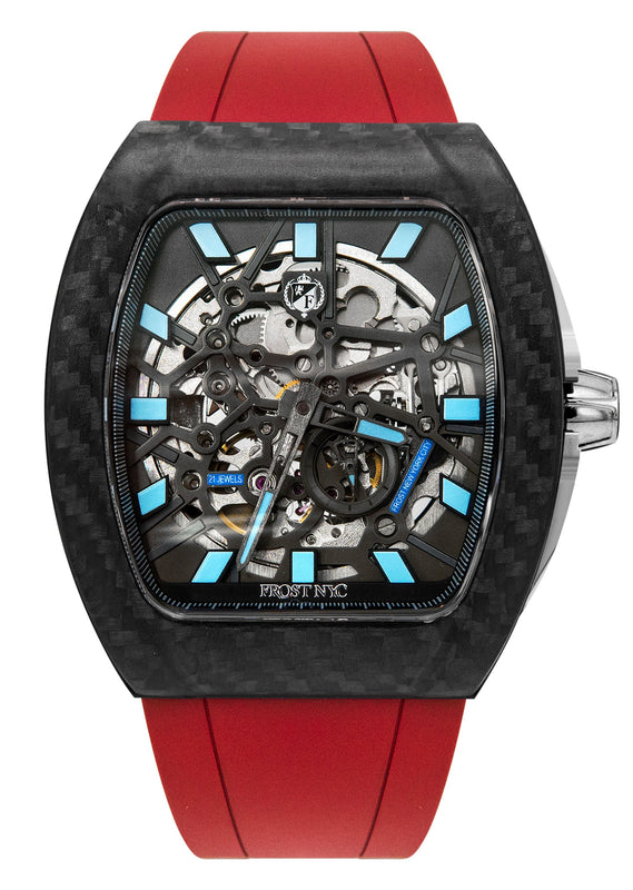 Frost NYC Mens Watch - Automatic Skeleton Carbon Fiber Sport Watch | FRST-01-CFS | Red