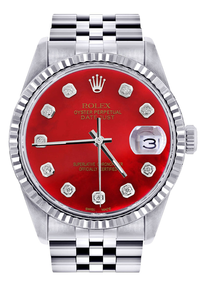 Mens Rolex Datejust Watch 16200 | Fluted Bezel | 36Mm | Red Dial | Jubilee Band