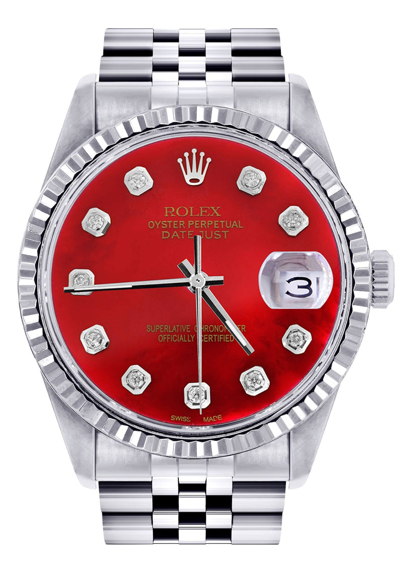 Womens Rolex Datejust Watch 16200  | 36Mm | Red Dial | Fluted Bezel | Jubilee Band