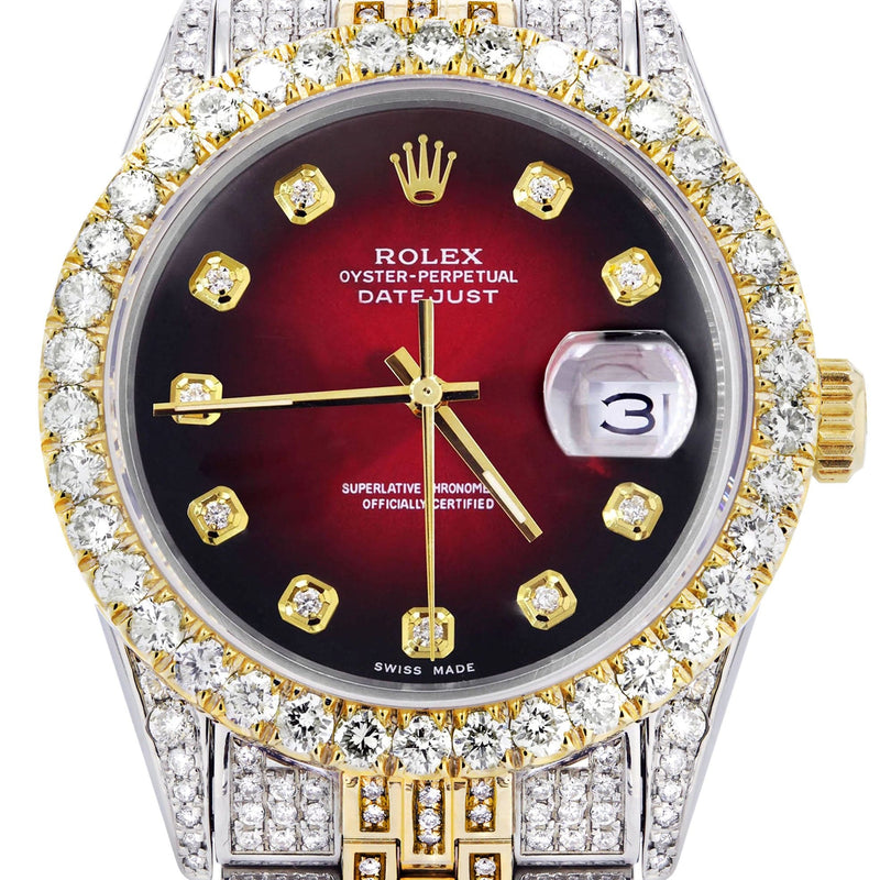 Iced Out Rolex Datejust 36 MM | Two Tone | 10 Carats of Diamonds | Red Black Diamond Dial