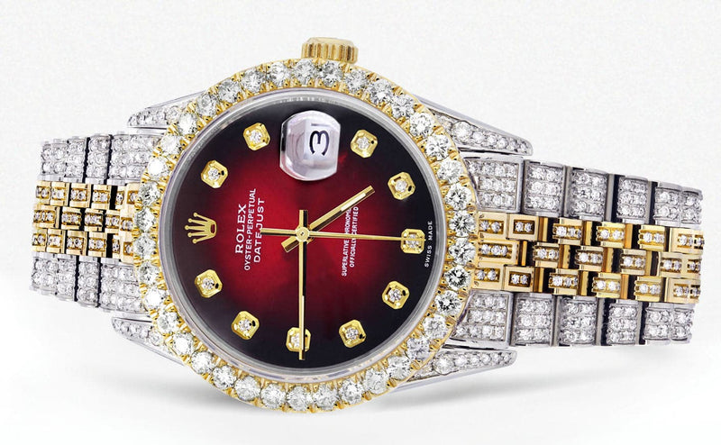 Iced Out Rolex Datejust 36 MM | Two Tone | 10 Carats of Diamonds | Red Black Diamond Dial