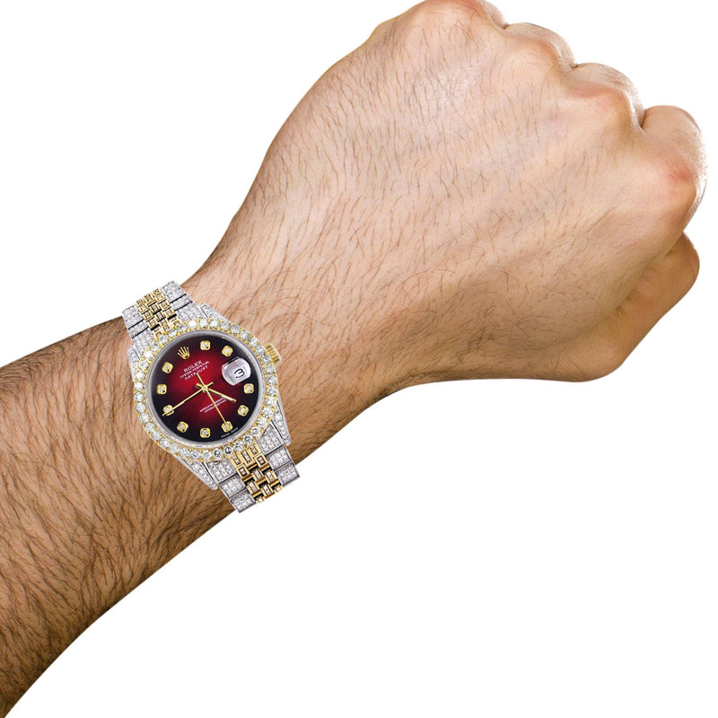 Iced Out Rolex Datejust 36 MM | Two Tone | 10 Carats of Diamonds | Red Black Diamond Dial