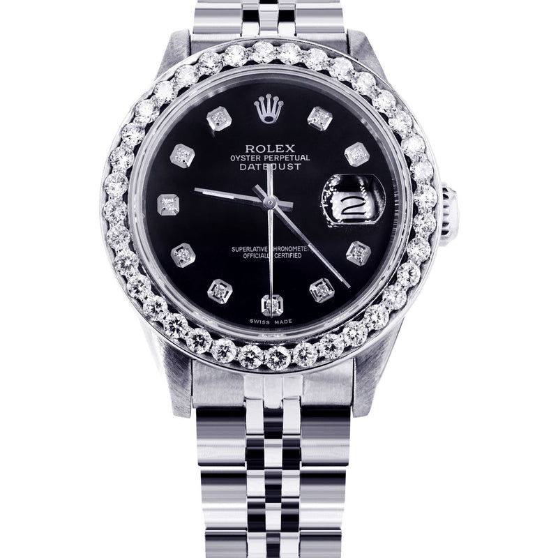 Rolex Datejust 36 MM with 4 Carat Diamond Bezel and Black Diamond Dial