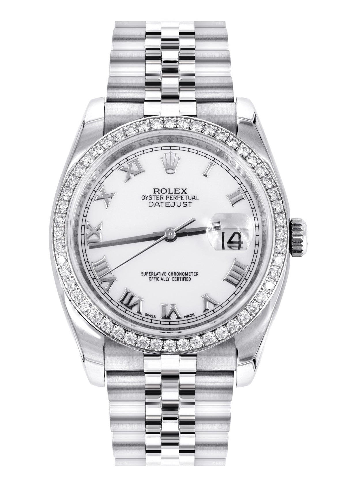ROLEX DATEJUST 36 MM | JUBILEE BAND STEEL WATCH | 116244| FACTORY DIAMOND BEZEL | WHITE ROMAN