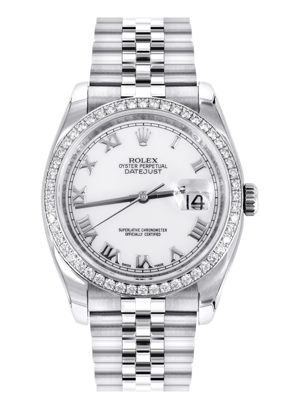 ROLEX DATEJUST 36 MM | JUBILEE BAND STEEL WATCH | 116244| FACTORY DIAMOND BEZEL | WHITE ROMAN