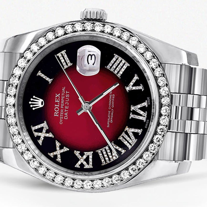 116200 | Hidden Clasp | Diamond Rolex Datejust Watch | 36Mm | Diamond Red Roman Numeral Dial | Jubilee Band